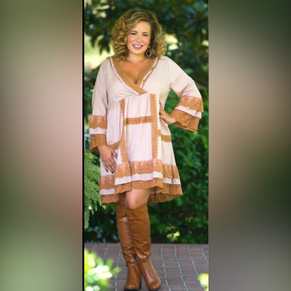 Velzera Cream and Tan Boho Mini Dress